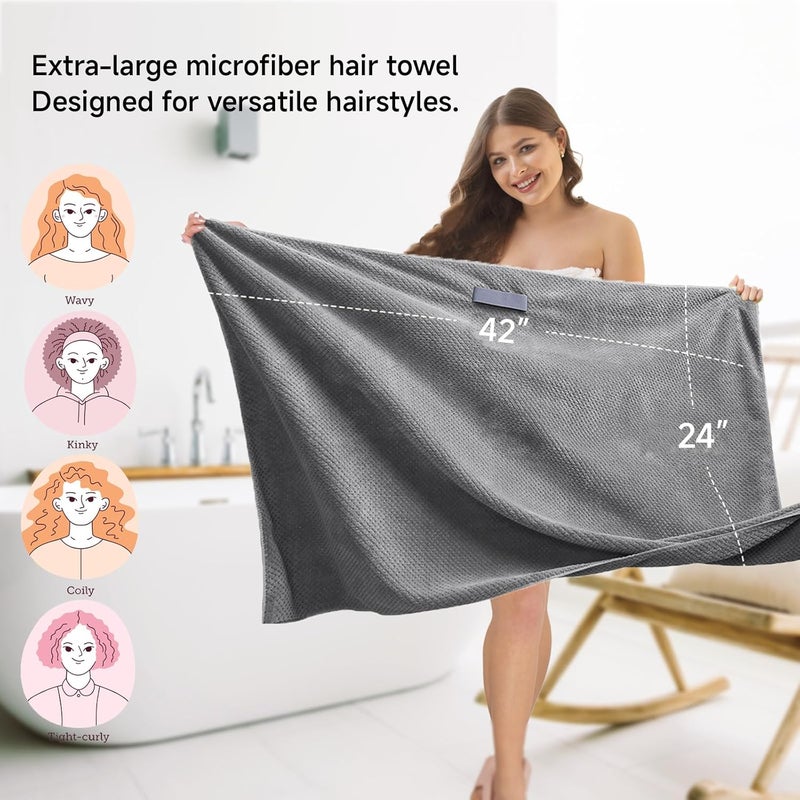 NeDKeN Large Microfiber Hair Towel for Women,Super Soft Anti Frizz & Quick Dry for Curly Hair,Ultra Absorbent Hair Wrap Towels for Long,Thick,Wet Hair 24x42 Inches (Grey) - Image 3